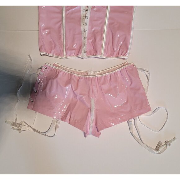 Women Sexy Pink & White PVC Bustier Corset Short Medium Back Lacing LB1151 - Picture 4 of 7